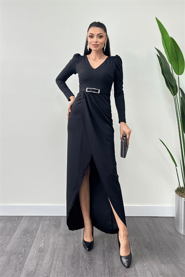 Krep Kumaş Pile Detaylı Elbise - SİYAH - 1