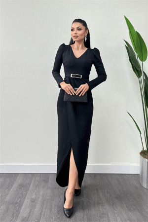 Crepe Fabric Pleat Detailed Dress - BLACK - Angelino Moda (1)