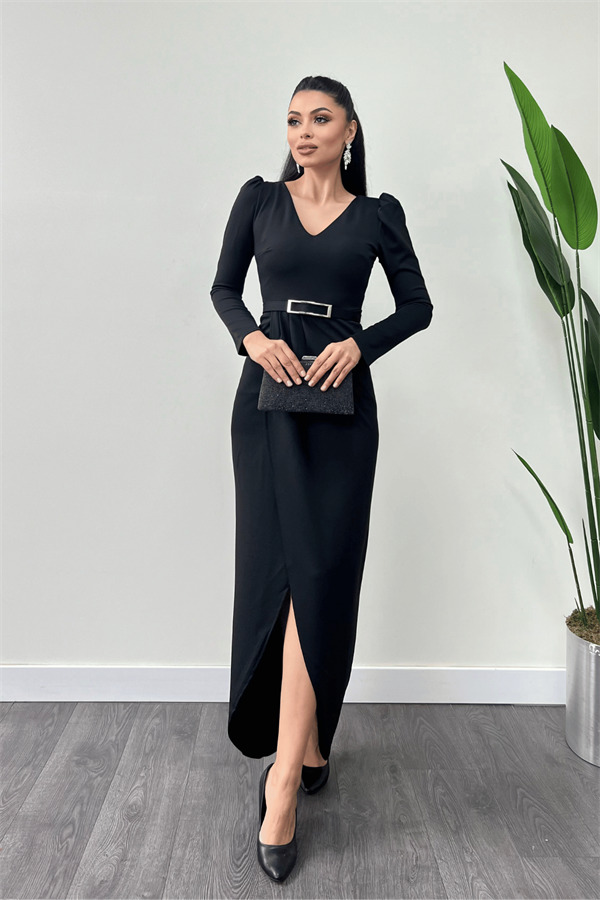 Krep Kumaş Pile Detaylı Elbise - SİYAH - 2