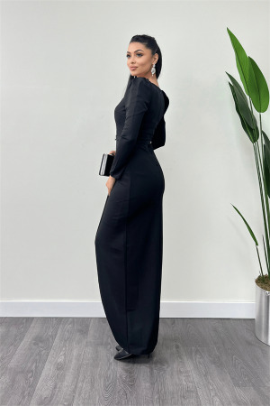 Krep Kumaş Pile Detaylı Elbise - SİYAH - 5