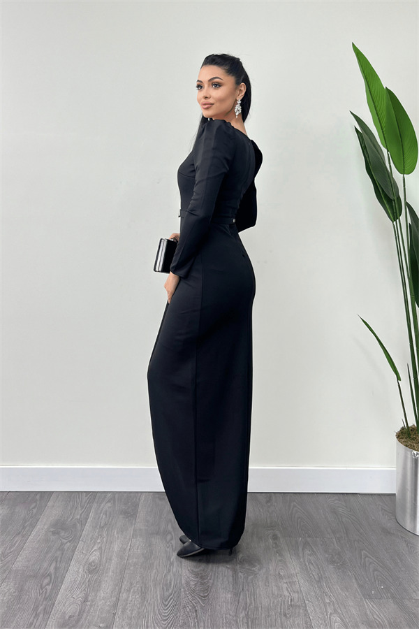 Krep Kumaş Pile Detaylı Elbise - SİYAH - 5