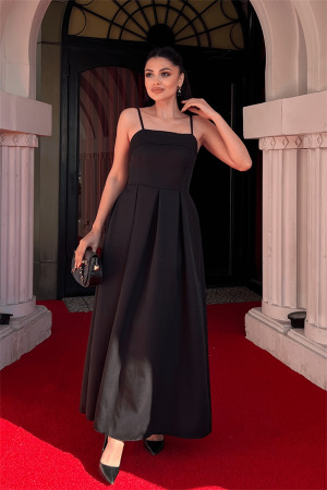 Krep Kumaş Pile Detaylı Elbise - SİYAH - Angelino Moda (1)