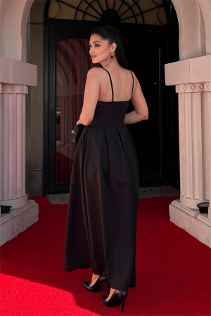 Krep Kumaş Pile Detaylı Elbise - SİYAH - 5