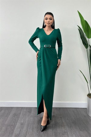 Crepe Fabric Pleat Detailed Dress - EMERALD GREEN - Angelino Moda