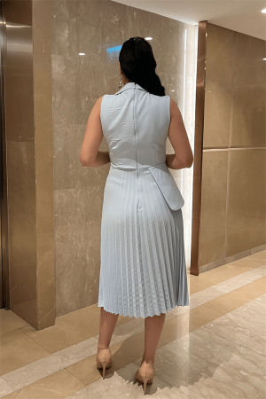 Krep Kumaş Plise Detaylı Elbise - BEBE MAVİSİ - 5