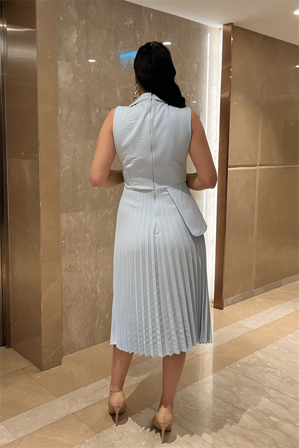 Krep Kumaş Plise Detaylı Elbise - BEBE MAVİSİ - 5