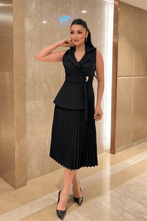 Krep Kumaş Plise Detaylı Elbise - SİYAH - Angelino Moda (1)