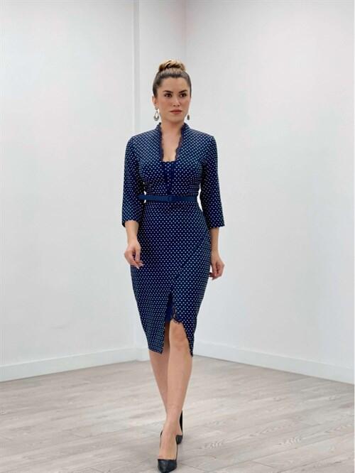 Krep Kumaş Puantiye Dantel Detaylı Kalem Elbise - LACİVERT - 2