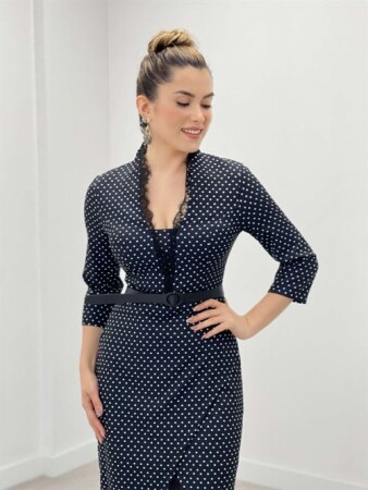 Krep Kumaş Puantiye Dantel Detaylı Kalem Elbise - SİYAH - 4