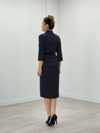 Krep Kumaş Puantiye Dantel Detaylı Kalem Elbise - SİYAH - 5