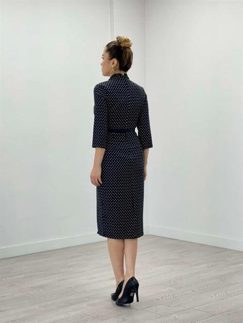 Krep Kumaş Puantiye Dantel Detaylı Kalem Elbise - SİYAH - 5