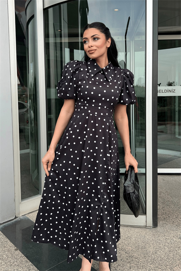 Krep Kumaş Puantiye Detaylı Balon Kol Elbise - SİYAH - 1