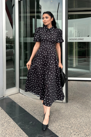 Krep Kumaş Puantiye Detaylı Balon Kol Elbise - SİYAH - Angelino Moda (1)