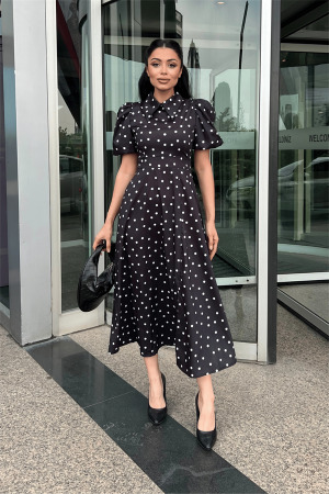 Krep Kumaş Puantiye Detaylı Balon Kol Elbise - SİYAH - 3