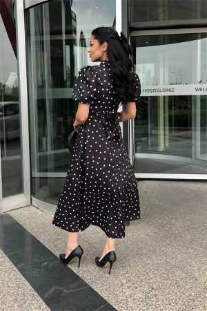 Krep Kumaş Puantiye Detaylı Balon Kol Elbise - SİYAH - 4