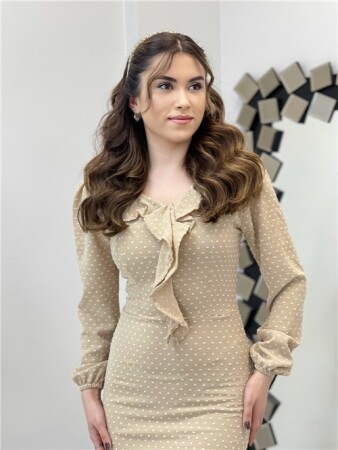 Krep Kumaş Puantiye Detaylı Kalem Elbise - KREM RENGİ - 3