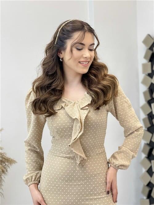 Krep Kumaş Puantiye Detaylı Kalem Elbise - KREM RENGİ - 4