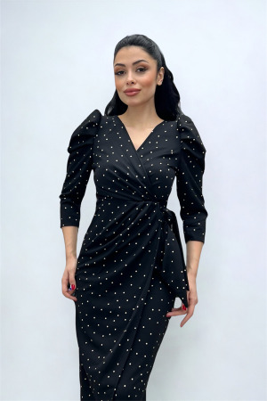 Krep Kumaş Puantiye Detaylı Kalem Elbise - SİYAH - Angelino Moda