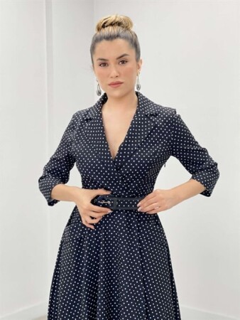 Krep Kumaş Puantiye Detaylı Midi Elbise - SİYAH - 3