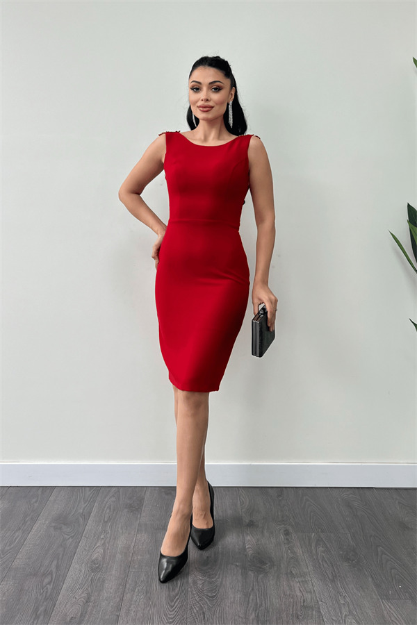 Krep Kumaş Sırt Boncuk Detaylı Kalem Elbise - KIRMIZI - 1