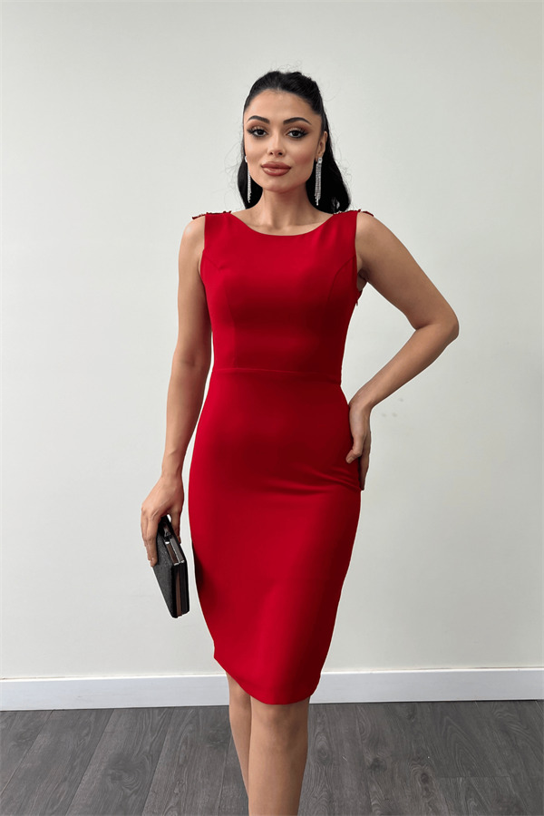 Krep Kumaş Sırt Boncuk Detaylı Kalem Elbise - KIRMIZI - 3