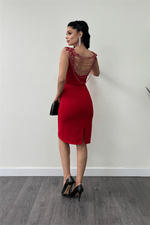Krep Kumaş Sırt Boncuk Detaylı Kalem Elbise - KIRMIZI - 5