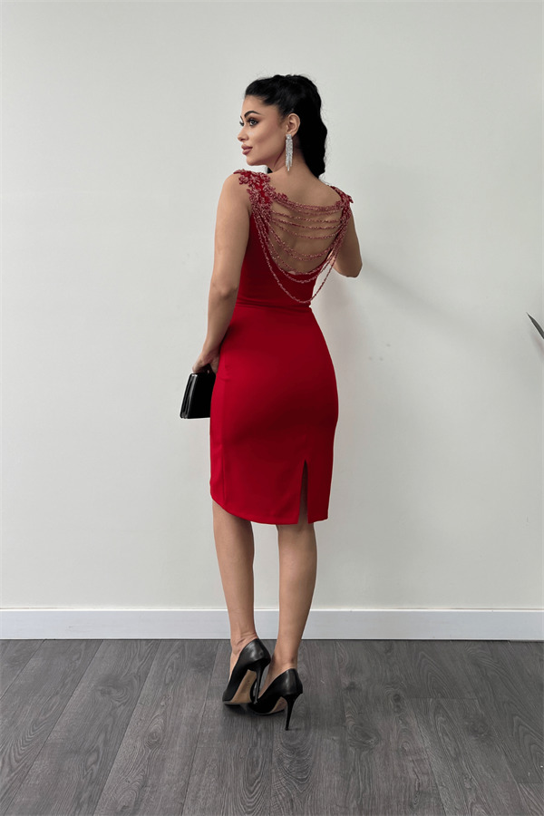 Krep Kumaş Sırt Boncuk Detaylı Kalem Elbise - KIRMIZI - 5