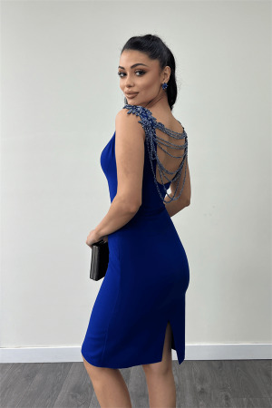 Krep Kumaş Sırt Boncuk Detaylı Kalem Elbise - SAKS MAVİ - 4