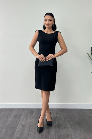 Krep Kumaş Sırt Boncuk Detaylı Kalem Elbise - SİYAH - Angelino Moda