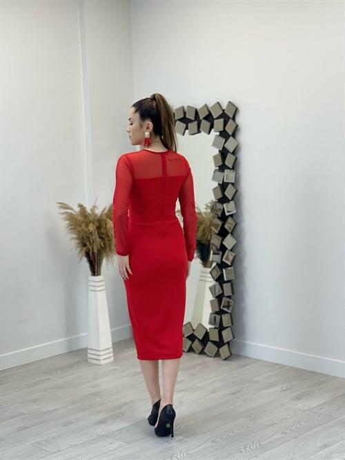 Krep Kumaş Tül Detaylı Kalem Elbise - KIRMIZI - 5