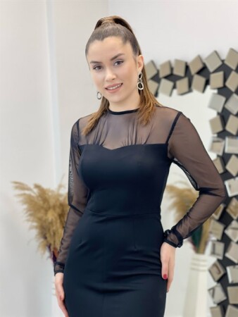 Krep Kumaş Tül Detaylı Kalem Elbise - SİYAH - 3