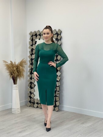 Crepe Fabric Tulle Detailed Pencil Dress - EMERALD GREEN - Angelino Moda