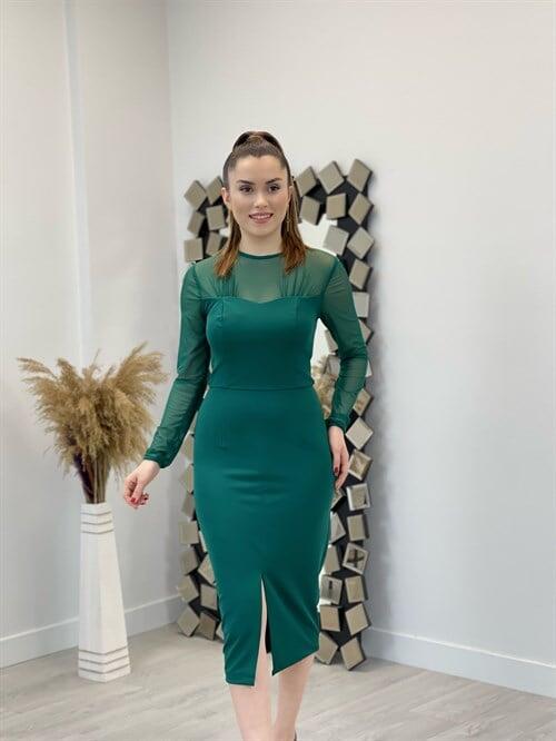 Krep Kumaş Tül Detaylı Kalem Elbise - ZÜMRÜT YEŞİLİ - 2