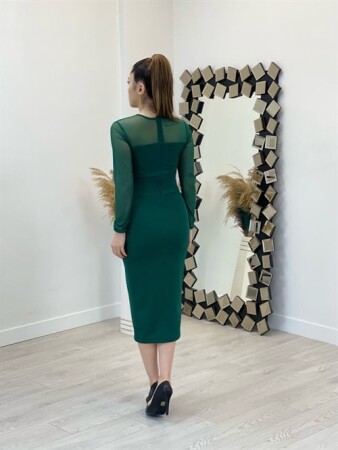 Krep Kumaş Tül Detaylı Kalem Elbise - ZÜMRÜT YEŞİLİ - 5