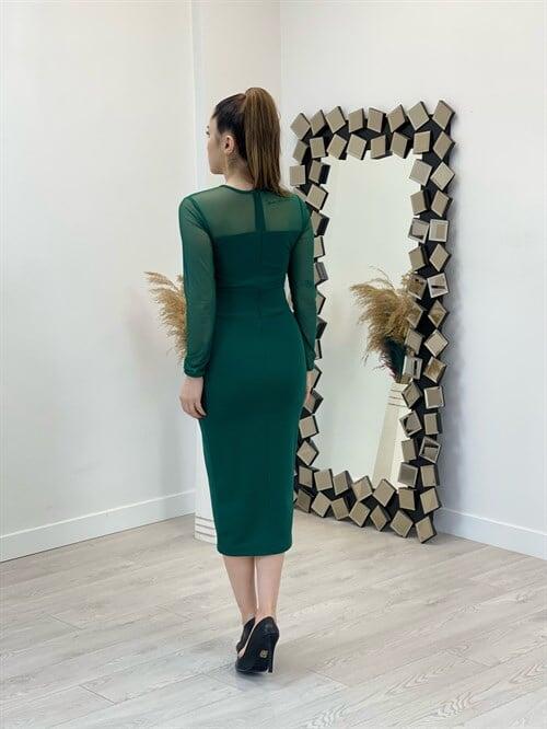 Krep Kumaş Tül Detaylı Kalem Elbise - ZÜMRÜT YEŞİLİ - 5