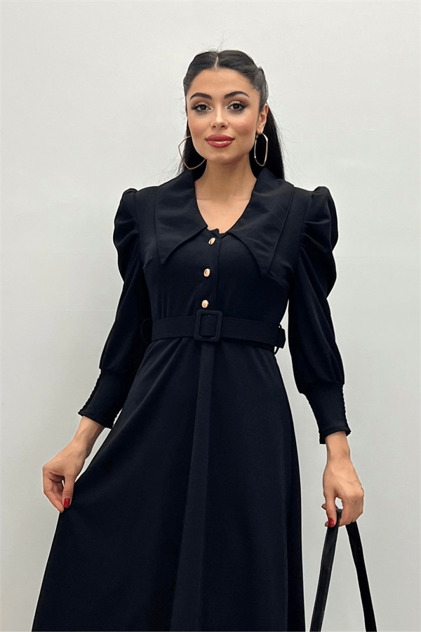 Krep Kumaş Yaka Detaylı Midi Elbise - SİYAH - 3