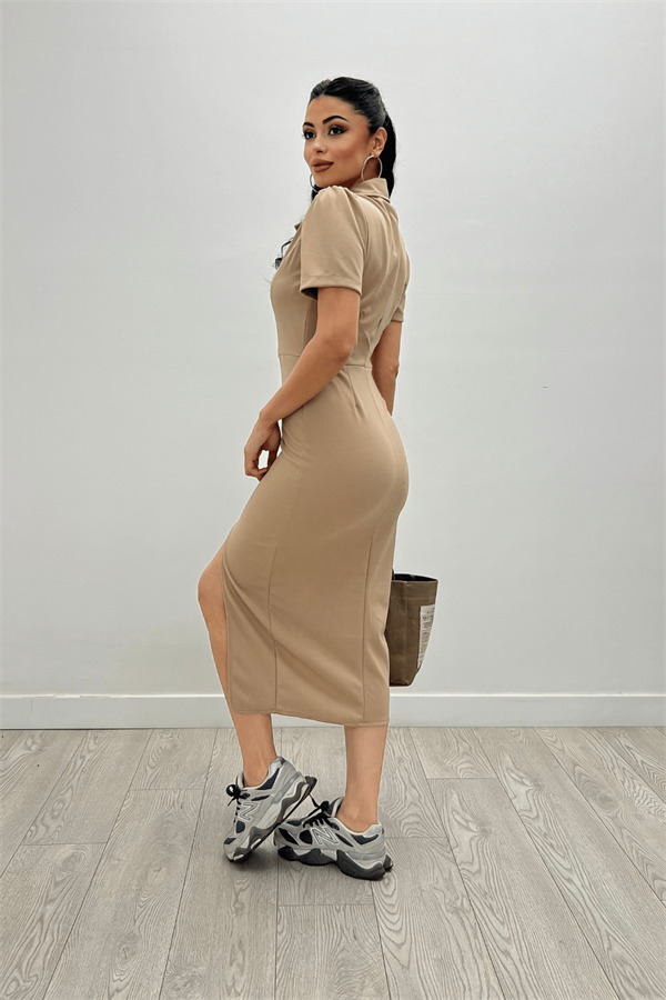 Krep Kumaş Yakalı Fermuar Detayli Kalem Elbise - Camel - 5