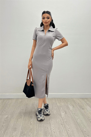 Krep Kumaş Yakalı Fermuar Detayli Kalem Elbise - GRİ - Angelino Moda (1)