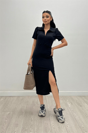 Krep Kumaş Yakalı Fermuar Detayli Kalem Elbise - SİYAH - Angelino Moda (1)