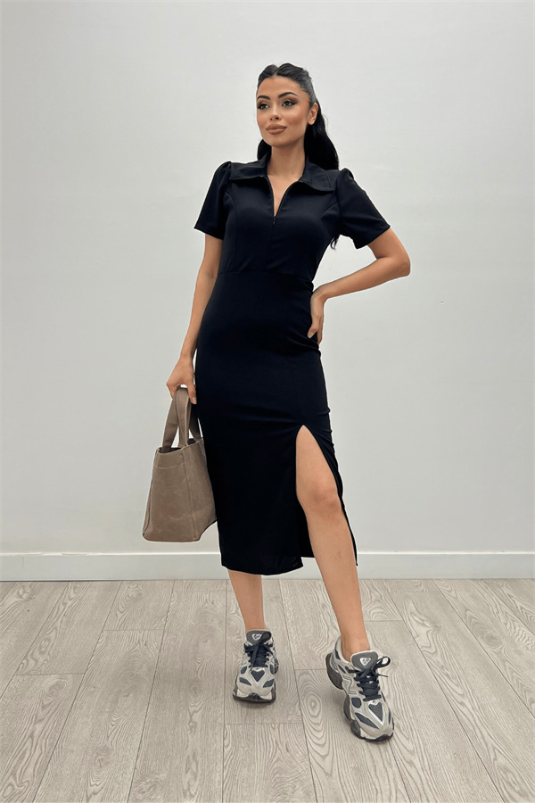 Krep Kumaş Yakalı Fermuar Detayli Kalem Elbise - SİYAH - 2