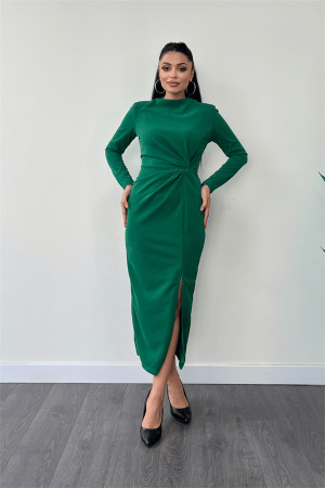 Krep Simli Kumaş Burgu Detaylı Kalem Elbise - ZÜMRÜT YEŞİL - Angelino Moda