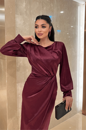 Krinkıl Kumaş Kruvaze Kalem Elbise - BORDO - 3