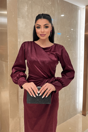 Krinkıl Kumaş Kruvaze Kalem Elbise - BORDO - 4