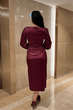 Krinkıl Kumaş Kruvaze Kalem Elbise - BORDO - 5