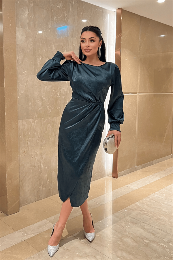 Krinkıl Kumaş Kruvaze Kalem Elbise - ZÜMRÜT YEŞİL - 2