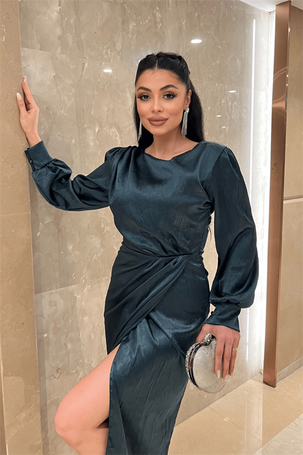 Krinkıl Kumaş Kruvaze Kalem Elbise - ZÜMRÜT YEŞİL - 3