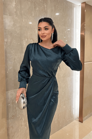 Krinkıl Kumaş Kruvaze Kalem Elbise - ZÜMRÜT YEŞİL - 4