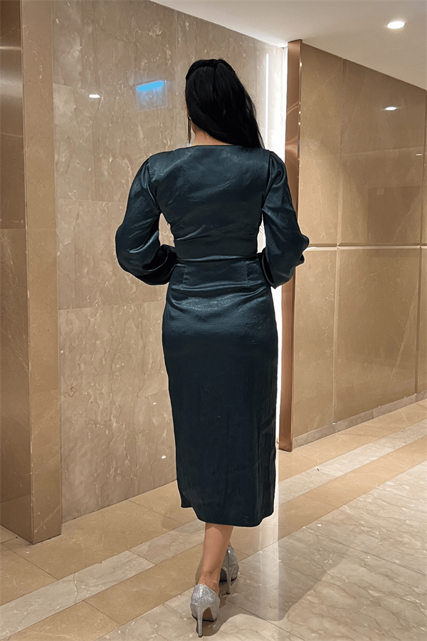 Krinkıl Kumaş Kruvaze Kalem Elbise - ZÜMRÜT YEŞİL - 5