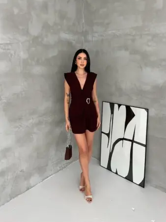 Kruvaze Drapeli Tokalı Mini Elbise Şık Gece Davet Abiye - Kahverengi - 1