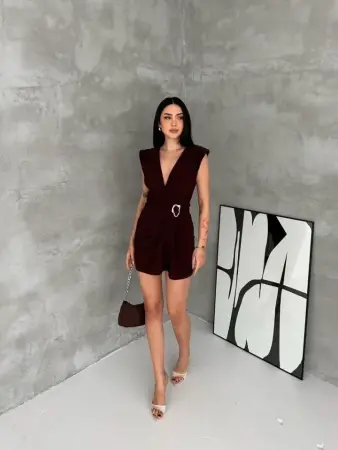Kruvaze Drapeli Tokalı Mini Elbise Şık Gece Davet Abiye - Kahverengi - 2